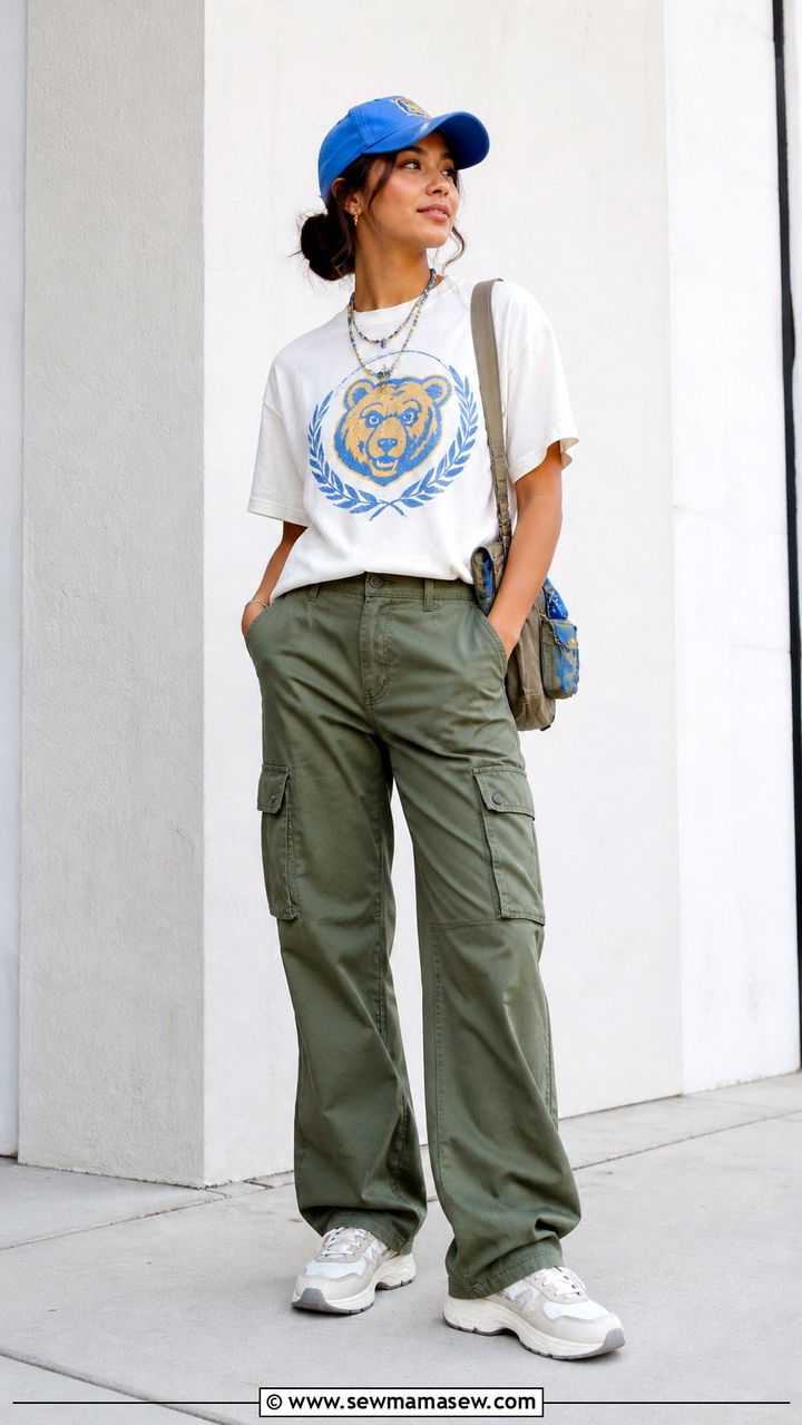 UCLA graphic tee and cargo pants - 20 Gameday outfit ideas UCLA