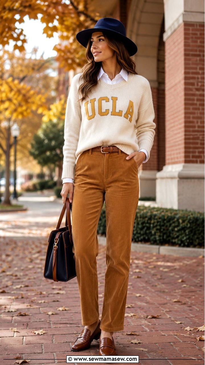 UCLA knit sweater and corduroy pants - 20 Gameday outfit ideas UCLA