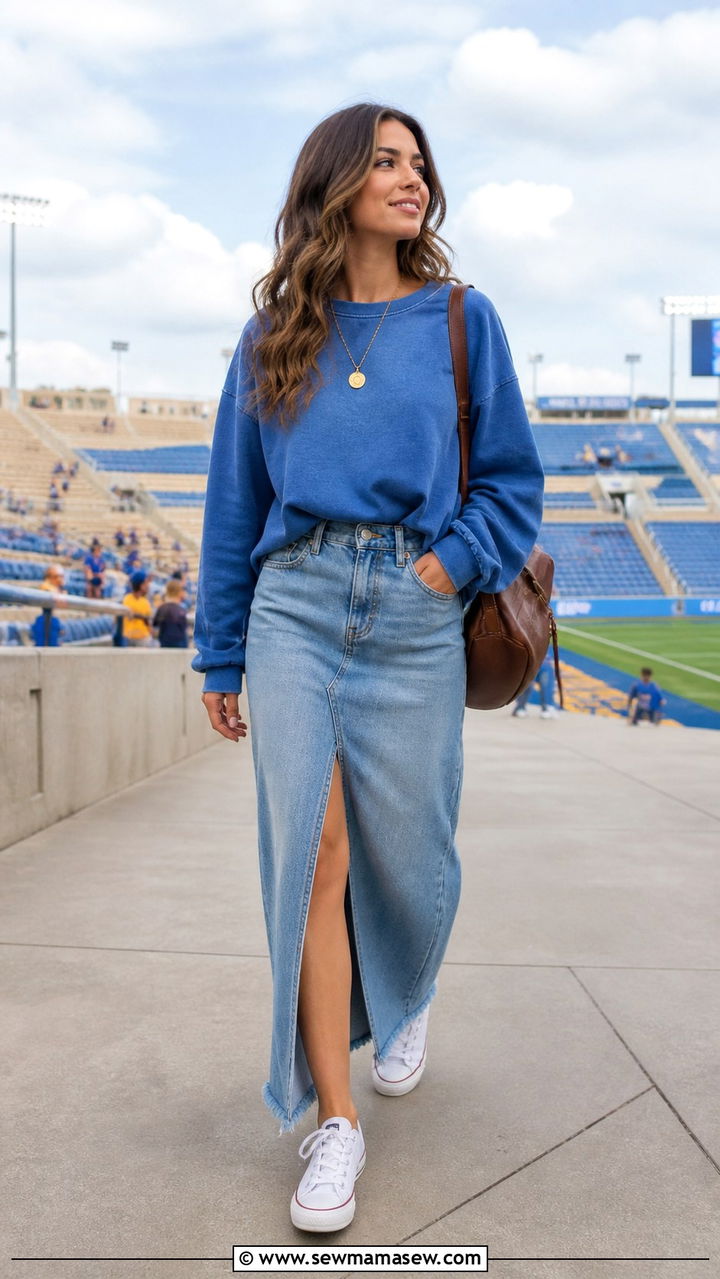UCLA sweatshirt and denim maxi skirt - 20 Gameday outfit ideas UCLA