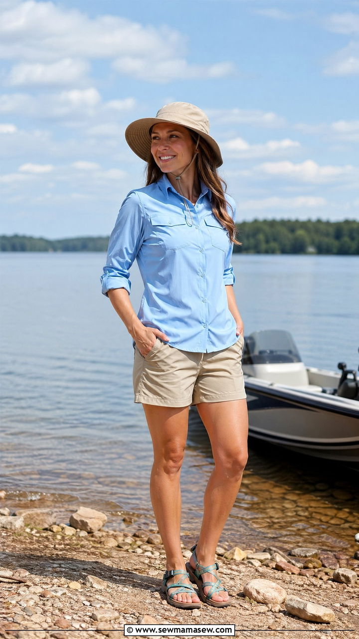 UPF shirt and shorts for fishing trip - 35 Family vacation outfit ideas