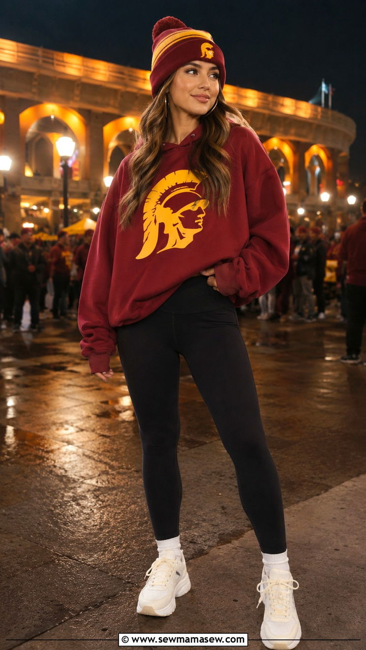 USC Hoodie with Black Leggings and White Sneakers - 20 Gameday outfit ideas USC