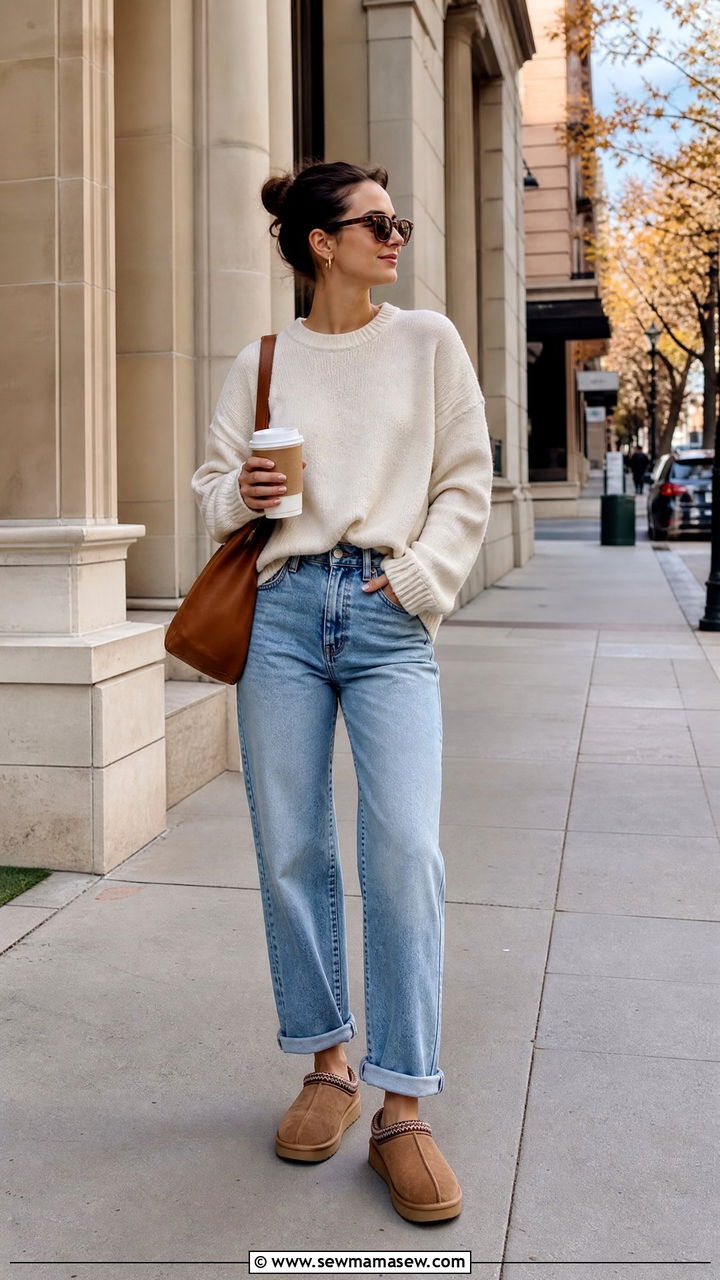 Ugg Tasman Slippers with Straight Leg Jeans and Sweater - 30 Fuzzy slippers outfit ideas