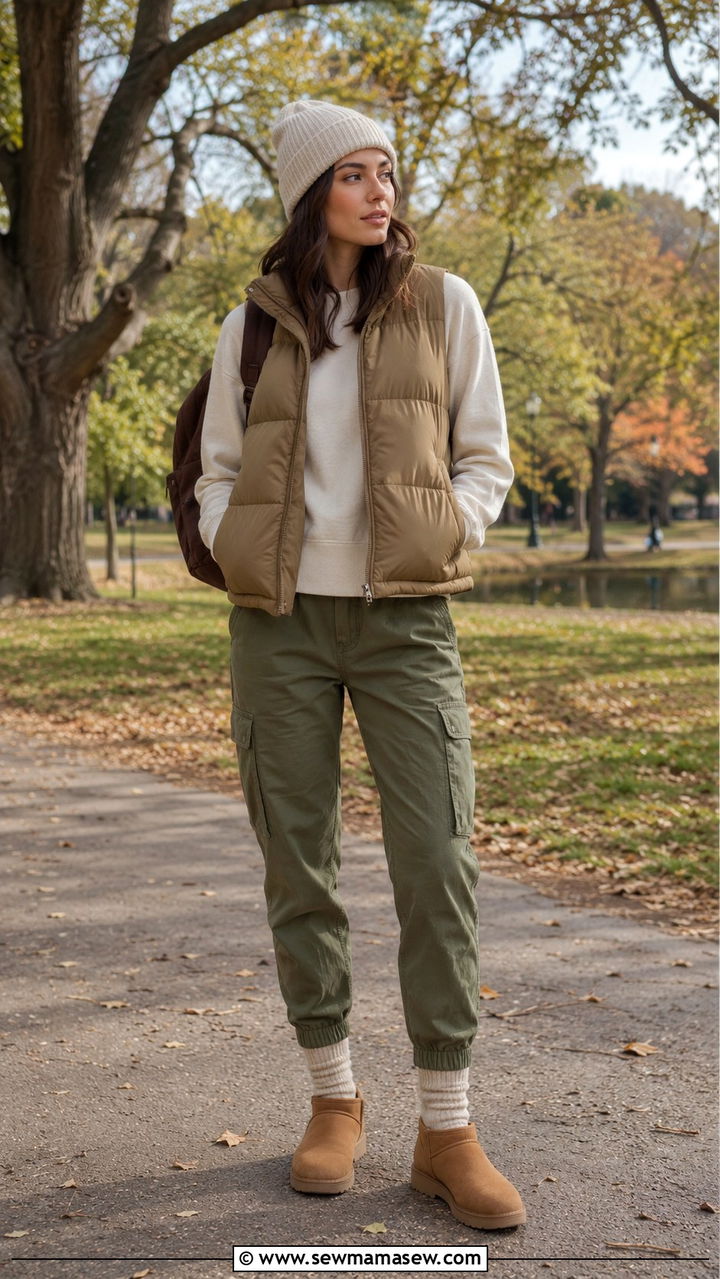 Ugg Ultra Mini with Cargo Pants and Puffer Vest - 20 Uggs ultra mini outfit ideas