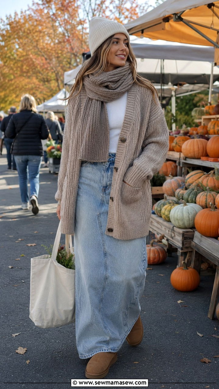 Ugg Ultra Mini with Denim Maxi Skirt and Cardigan - 20 Uggs ultra mini outfit ideas