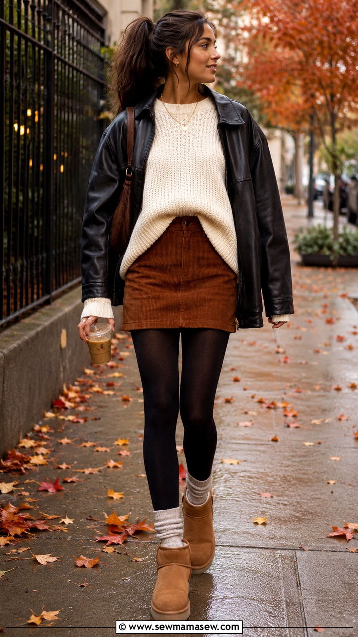 Ugg Ultra Mini with Mini Skirt and Opaque Tights - 20 Uggs ultra mini outfit ideas