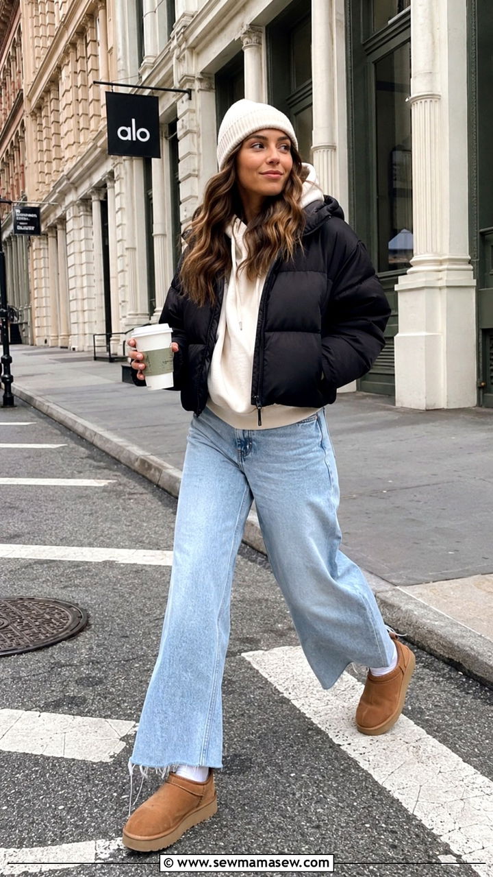 Ugg Ultra Mini with Puffer Jacket and Wide Leg Jeans - 20 Uggs ultra mini outfit ideas