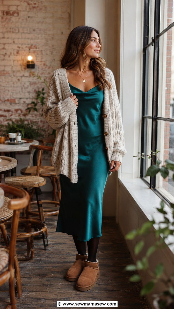Ugg Ultra Mini with Slip Dress and Chunky Cardigan - 20 Uggs ultra mini outfit ideas