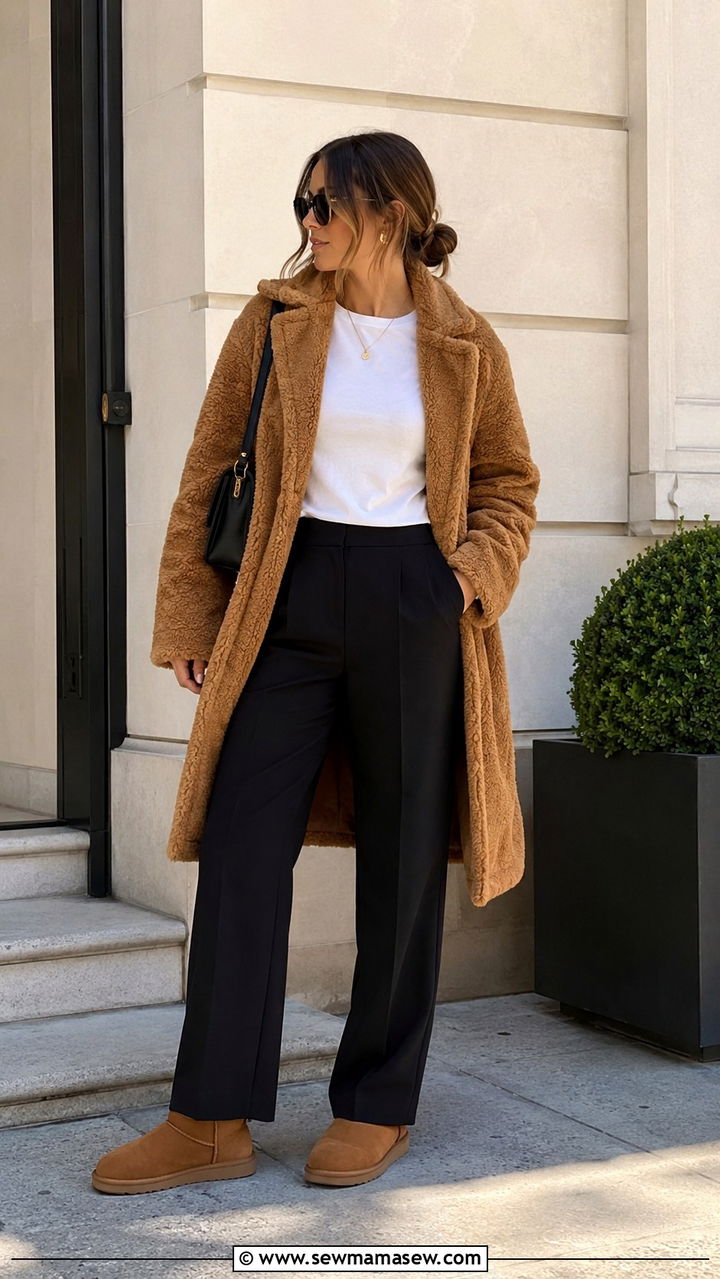 Ugg Ultra Mini with Teddy Coat and Tailored Trousers - 20 Uggs ultra mini outfit ideas