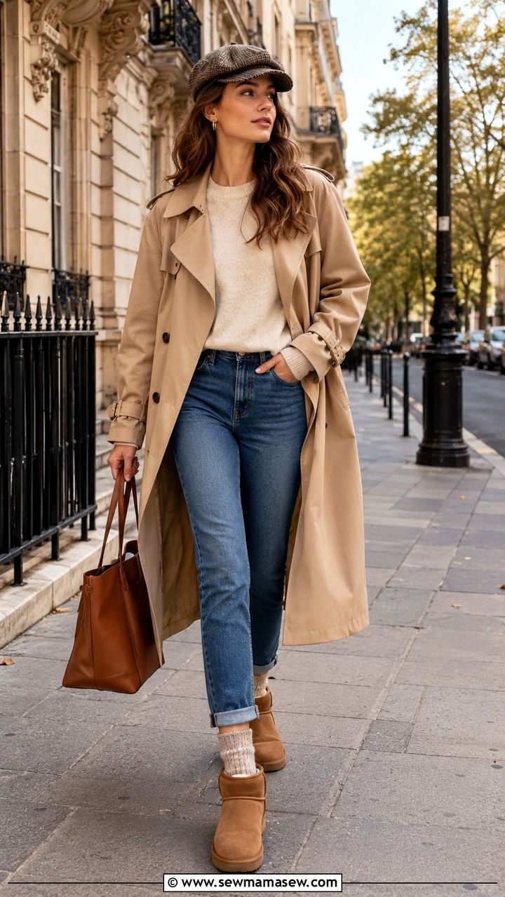 Ugg Ultra Mini with Trench Coat and Jeans - 20 Uggs ultra mini outfit ideas