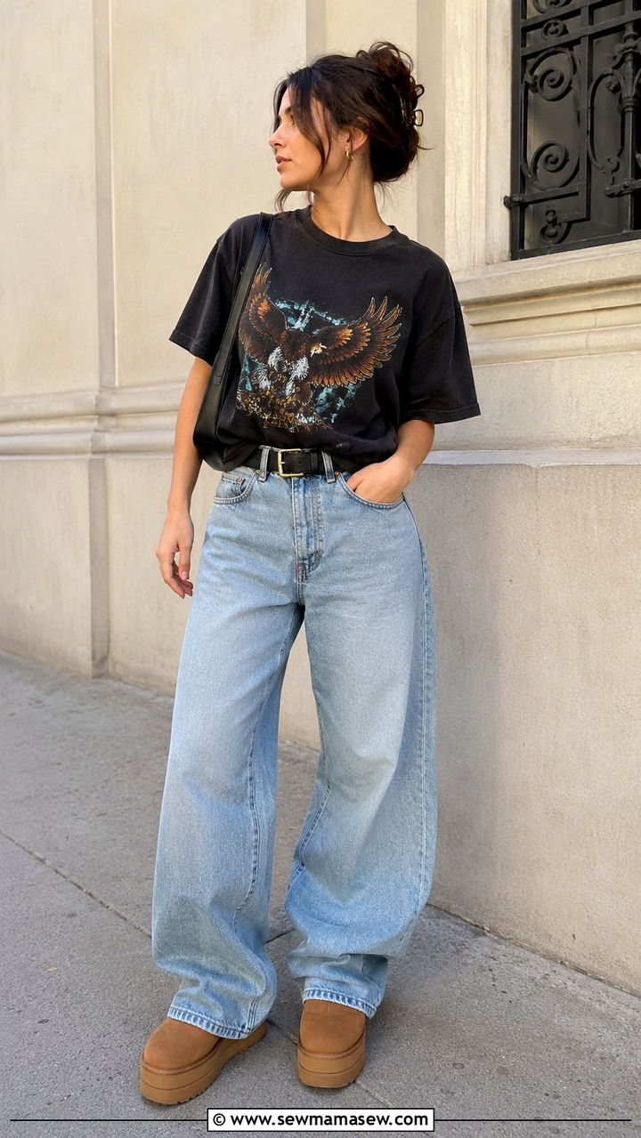 Uggs With An Oversized Graphic Tee And Baggy Jeans - 25 Uggs outfit ideas 2026