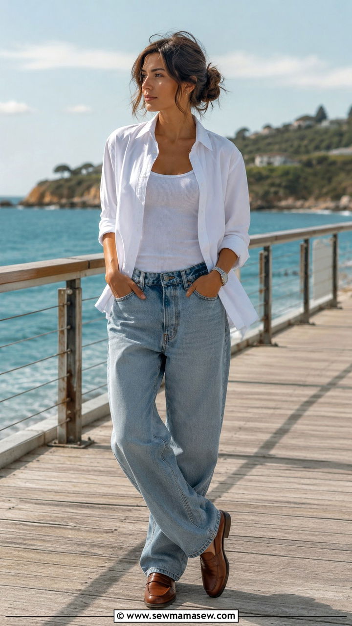 Unbuttoned White Shirt Over Tank and Baggy Jeans - 30 casual model off duty outfits