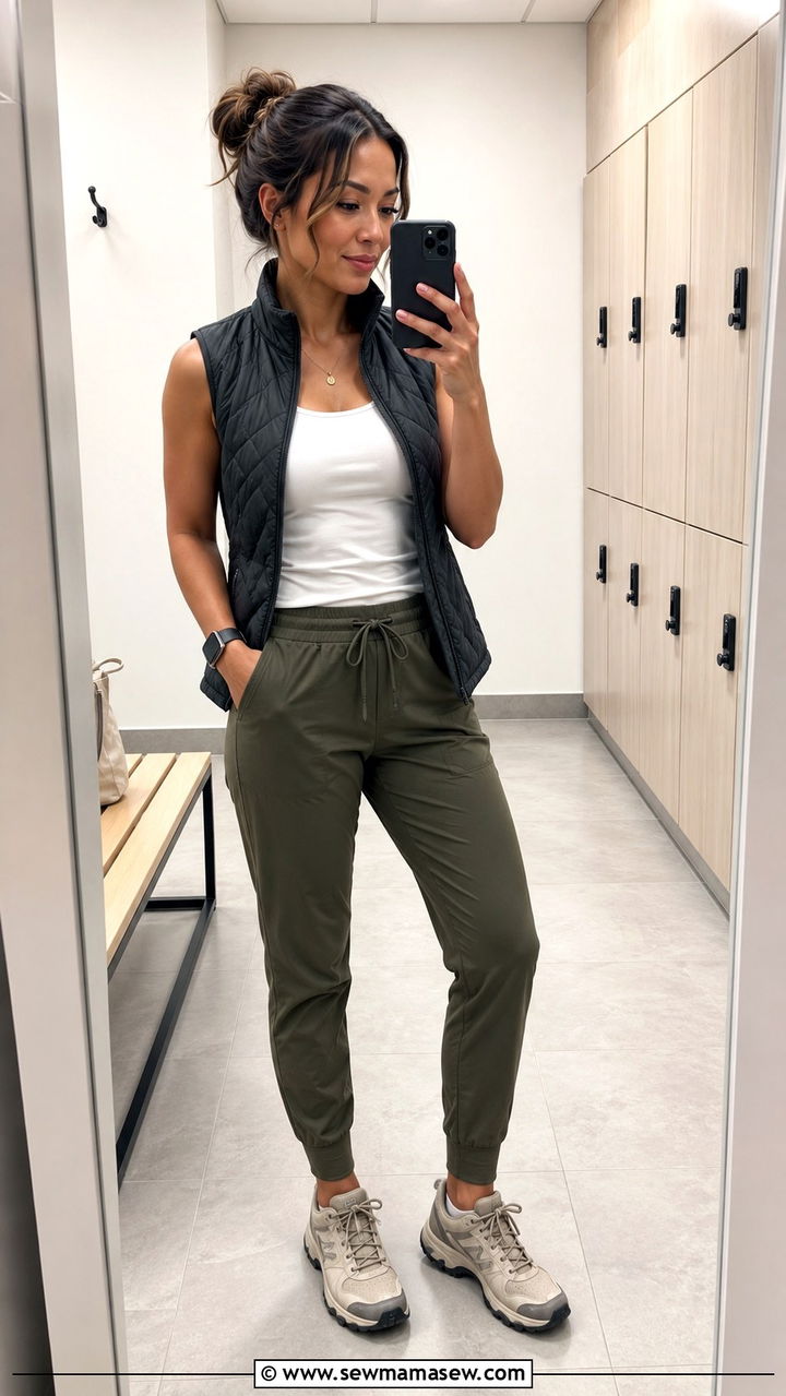 Underscrub Tank With Jogger Pants And A Zip Vest - 25 Travel nurse outfit ideas