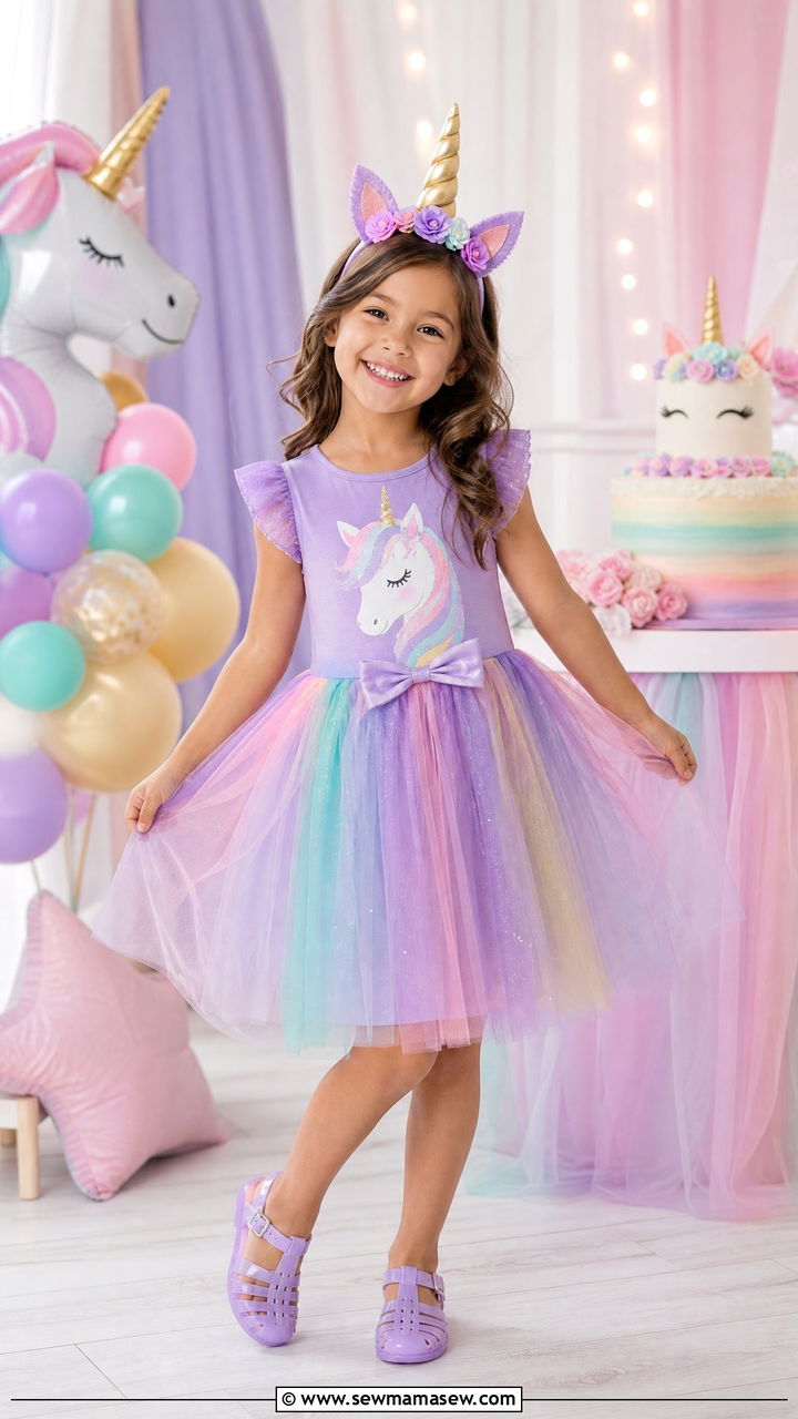 Unicorn Birthday Dress and Rainbow Crown - 30 Kids birthday outfit ideas