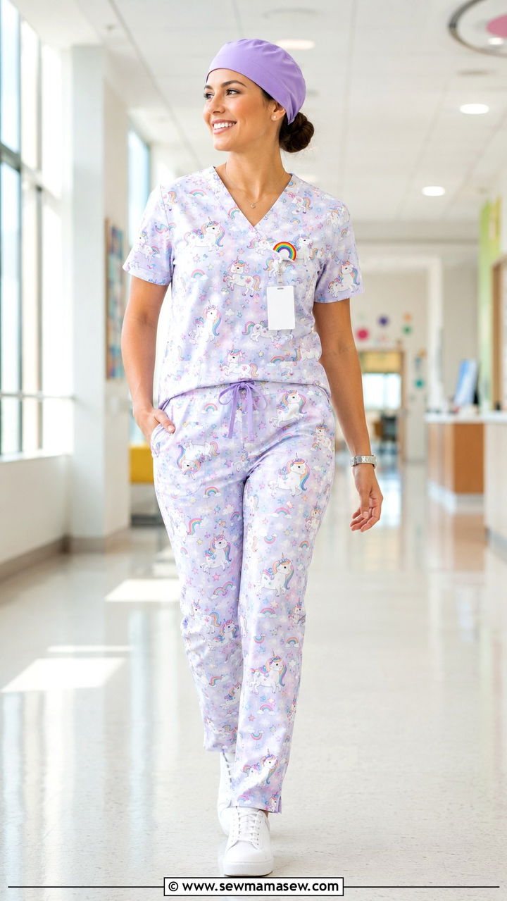 Unicorn Scrub Set With Rainbow Badge Reel And White Shoes - 25 Pediatric nurse outfit ideas