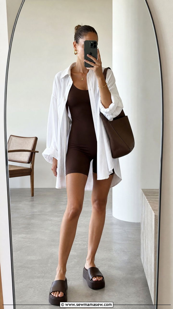 Unitard and oversized shirt outfit - 30 summer athleisure outfit ideas