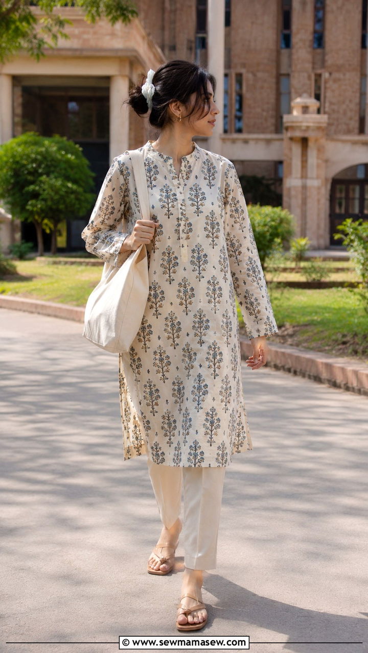 University Straight Kurti With Canvas Tote - 30 Islamabad outfit ideas