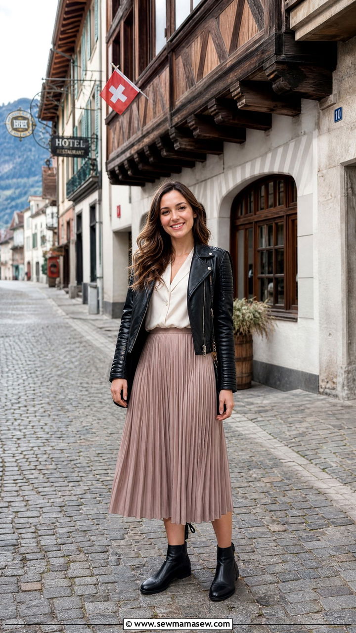 Unterseen Old Town Outfit with Midi Skirt and Leather Ankle Boots - 25 Interlaken outfit ideas