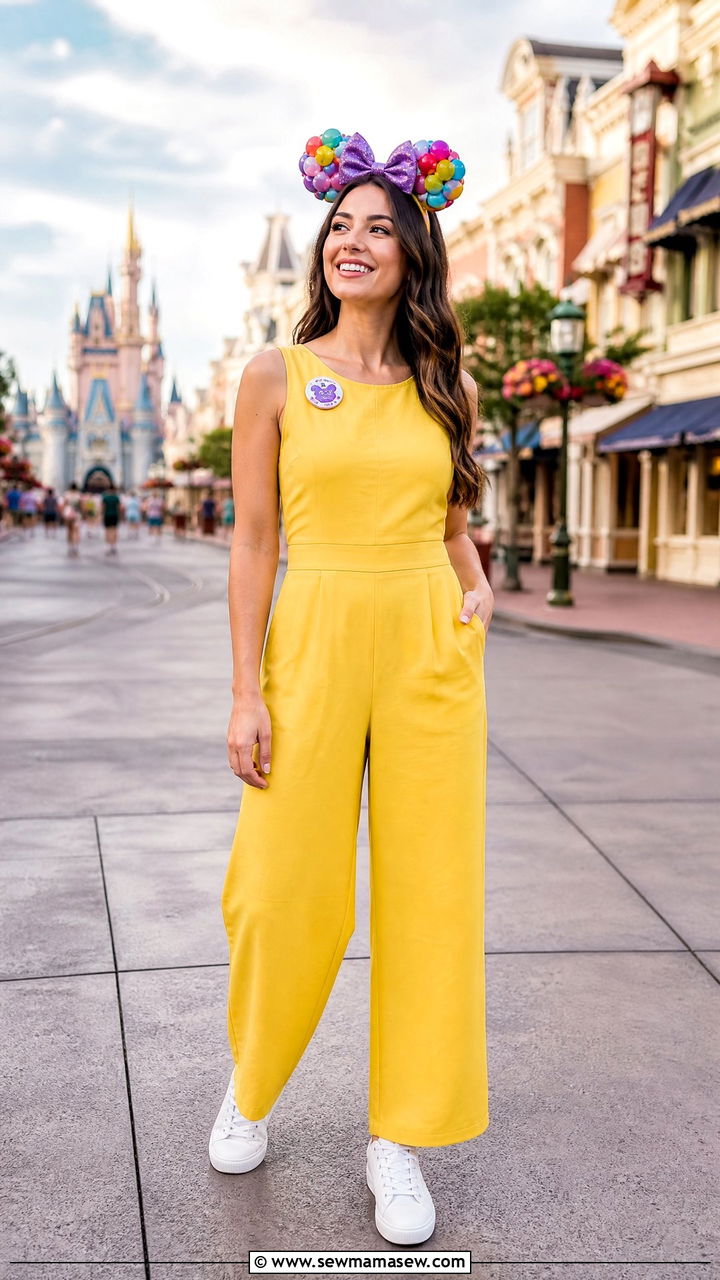 Up inspired colorful jumpsuit with grape soda pin and balloon ears - 30 Disney outfit ideas for honeymoon