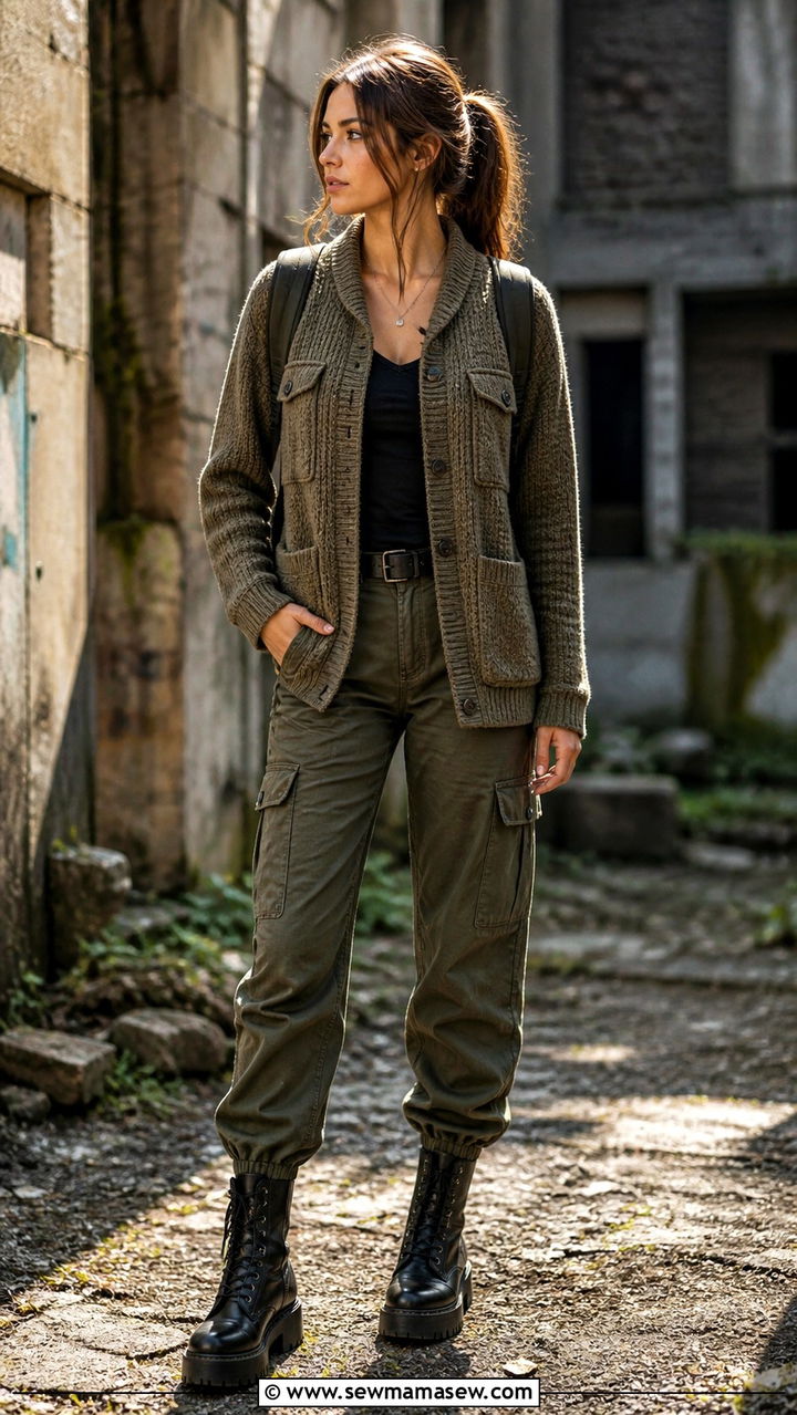Utility Cardigan with Cargo Pants and Platform Boots - 40 casual cardigan outfits