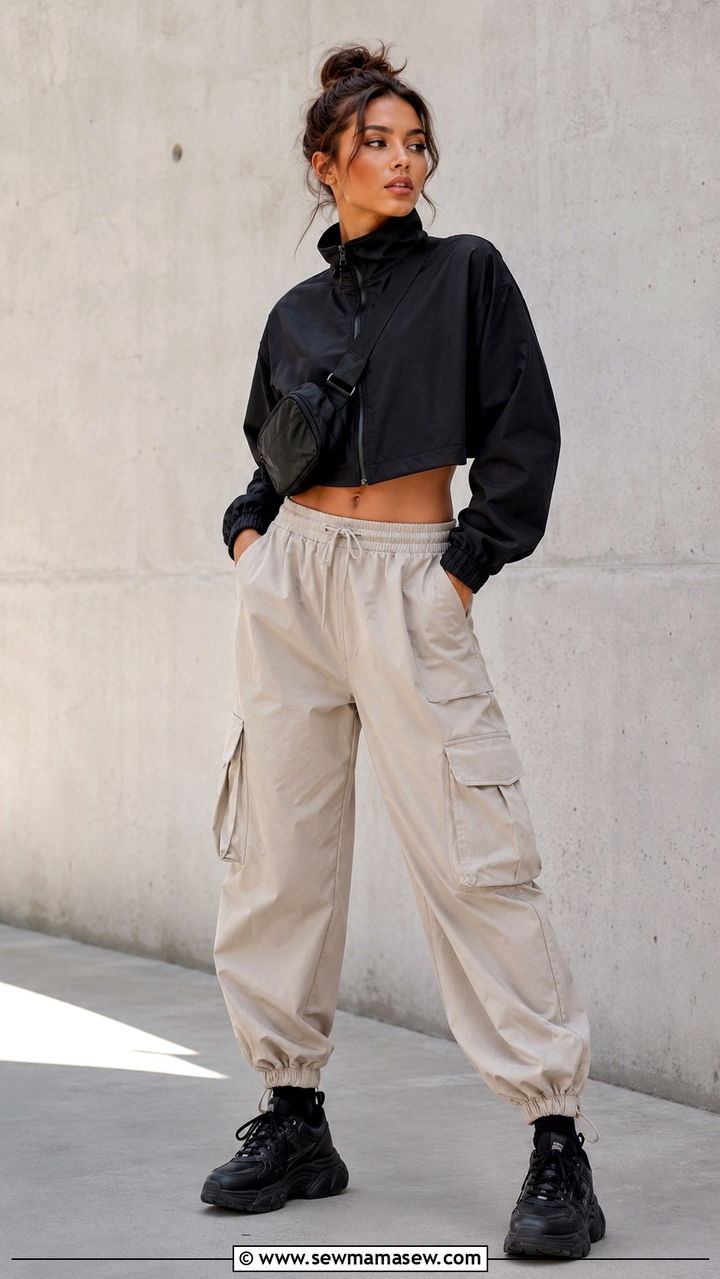 Utility Cargo Joggers With Cropped Athletic Jacket - 30 spring sporty chic outfit ideas
