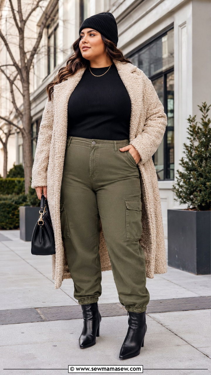 Utility Cargo Pants with Knit Top and Long Textured Coat - 30 plus size brunch outfit ideas