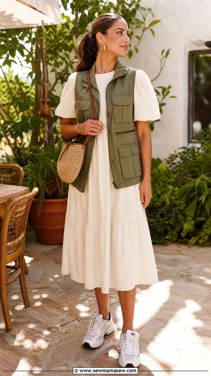 Utility Cargo Vest and Midi Dress Outfit - 25 Gorpcore outfit ideas 2026