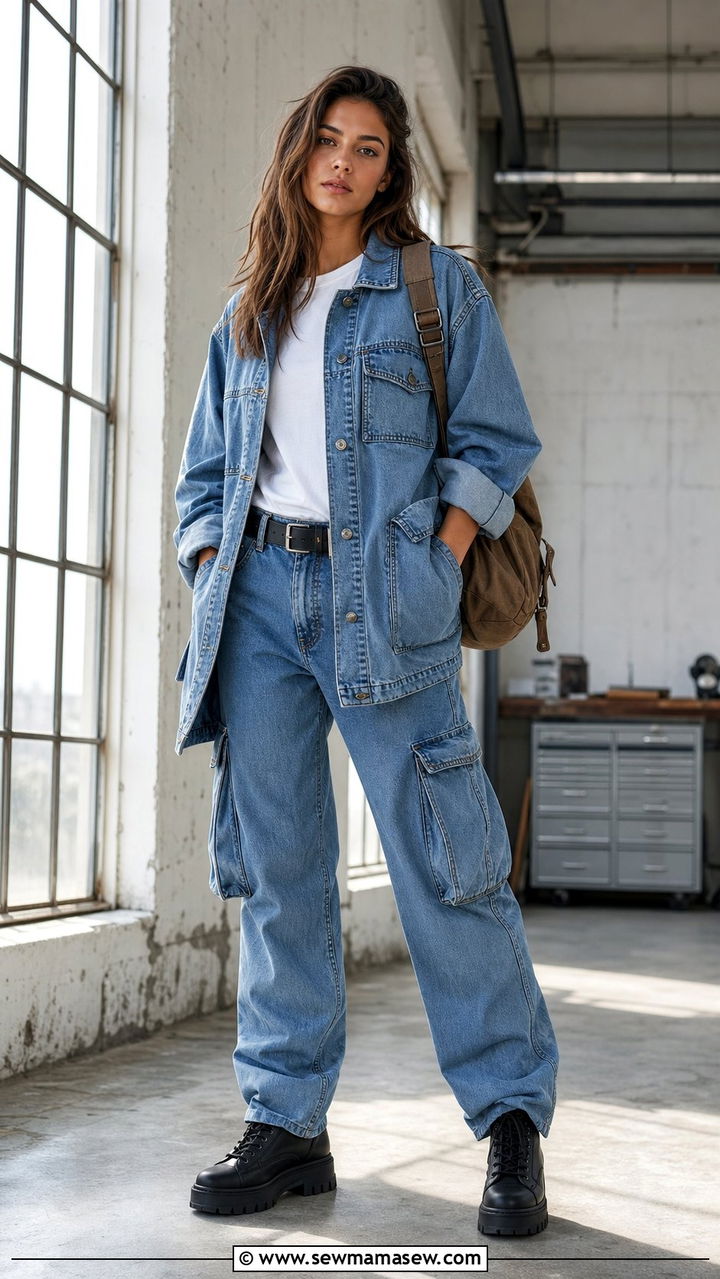Utility Denim Jacket With Cargo Style Denim Pants - 25 summer denim on denim outfit ideas
