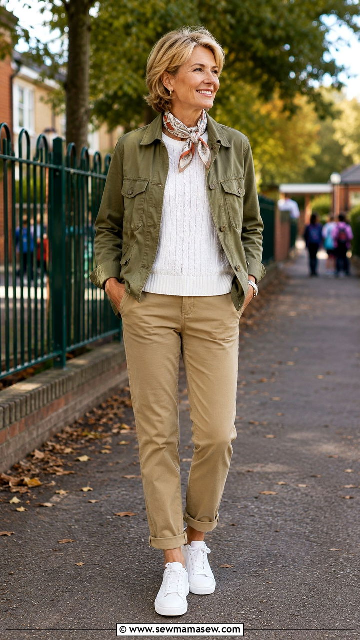 Utility Jacket And Chinos School Run Outfit - 30 Outfit ideas for women over 50 school drop off