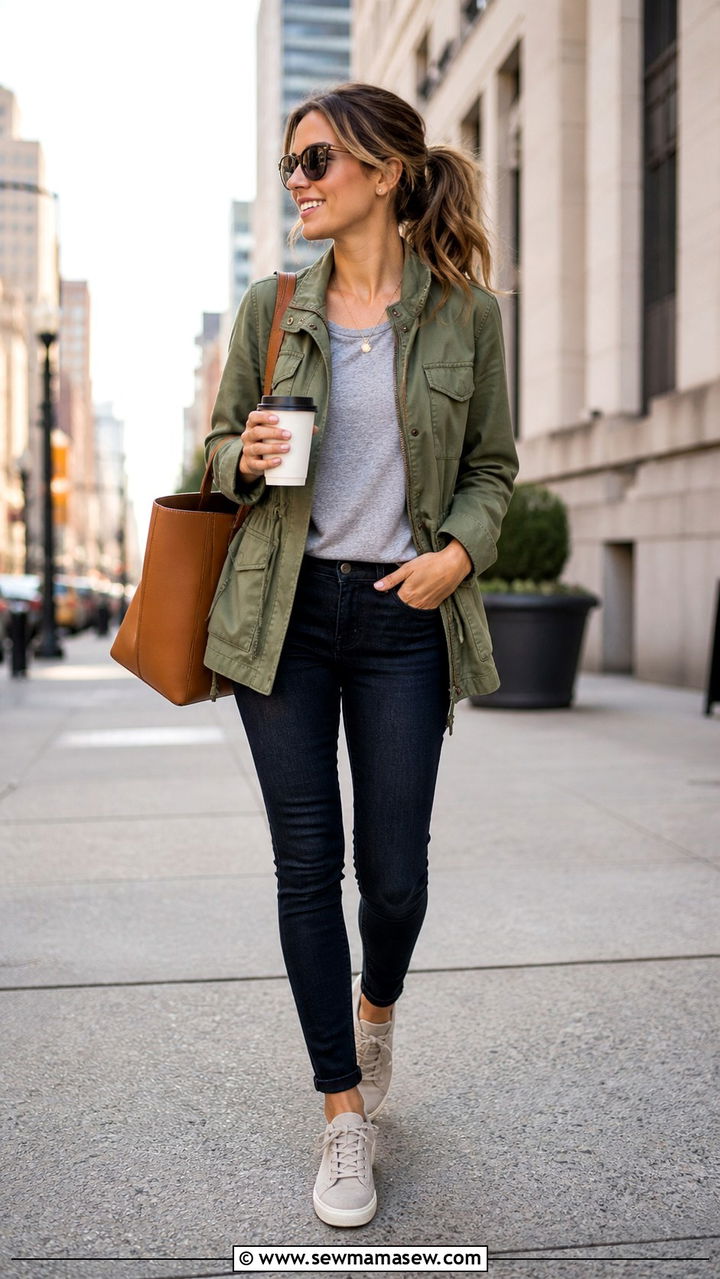 Utility Jacket And Dark Denim With Gray Tee And Sneakers - 40 spring outfits for moms