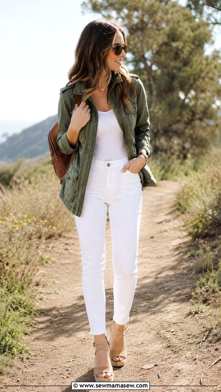 Utility Jacket And White Jeans With Wedges - 30 Spring outfits with wedges