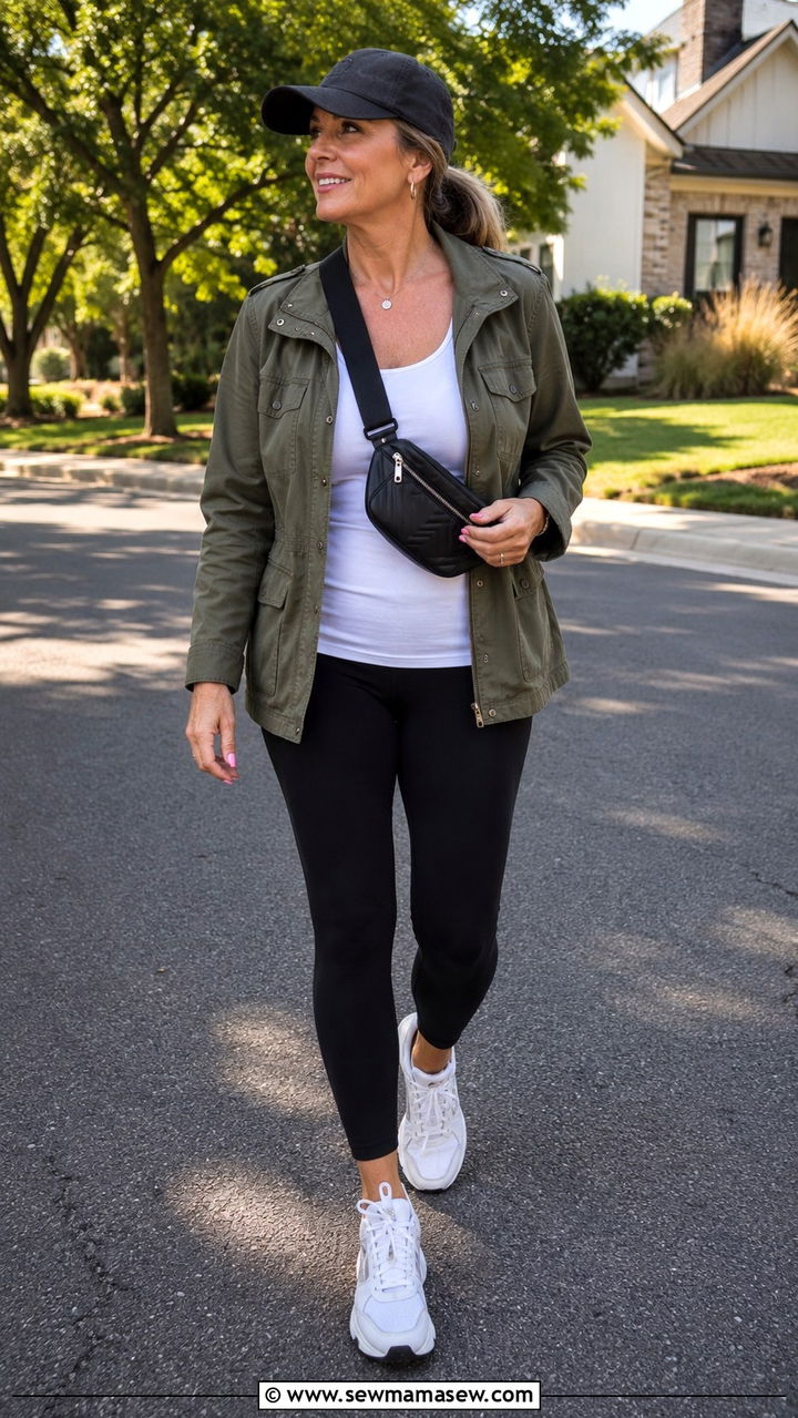 Utility Jacket Black Leggings - 30 Outfit ideas for women over 50 errands