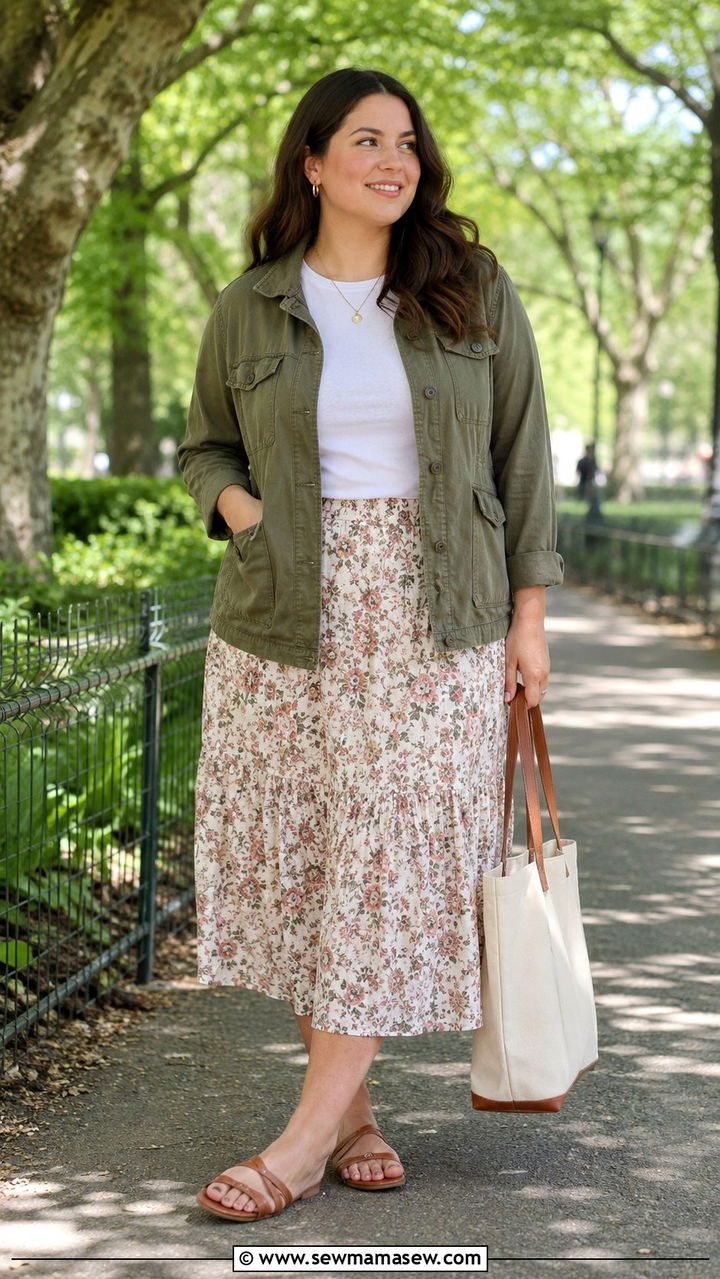 Utility Jacket Midi Skirt Outfit - 30 Spring outfits for curvy women