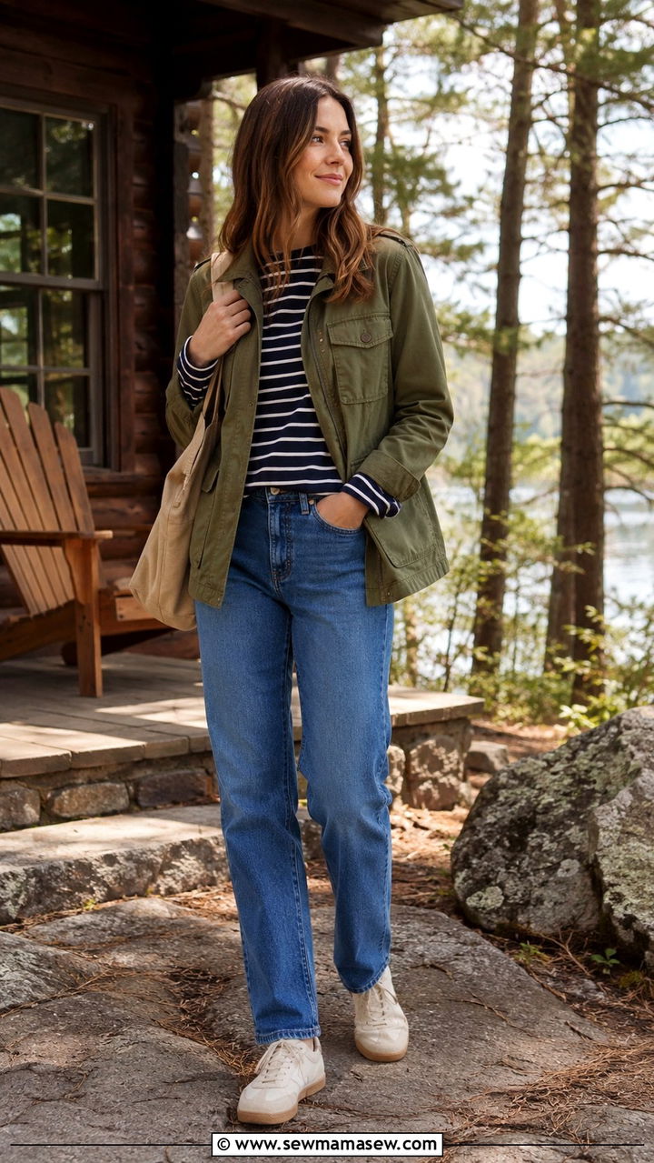 Utility Jacket Outfit with Striped Tee and Straight Leg Jeans - 30 Spring cabin weekend outfits