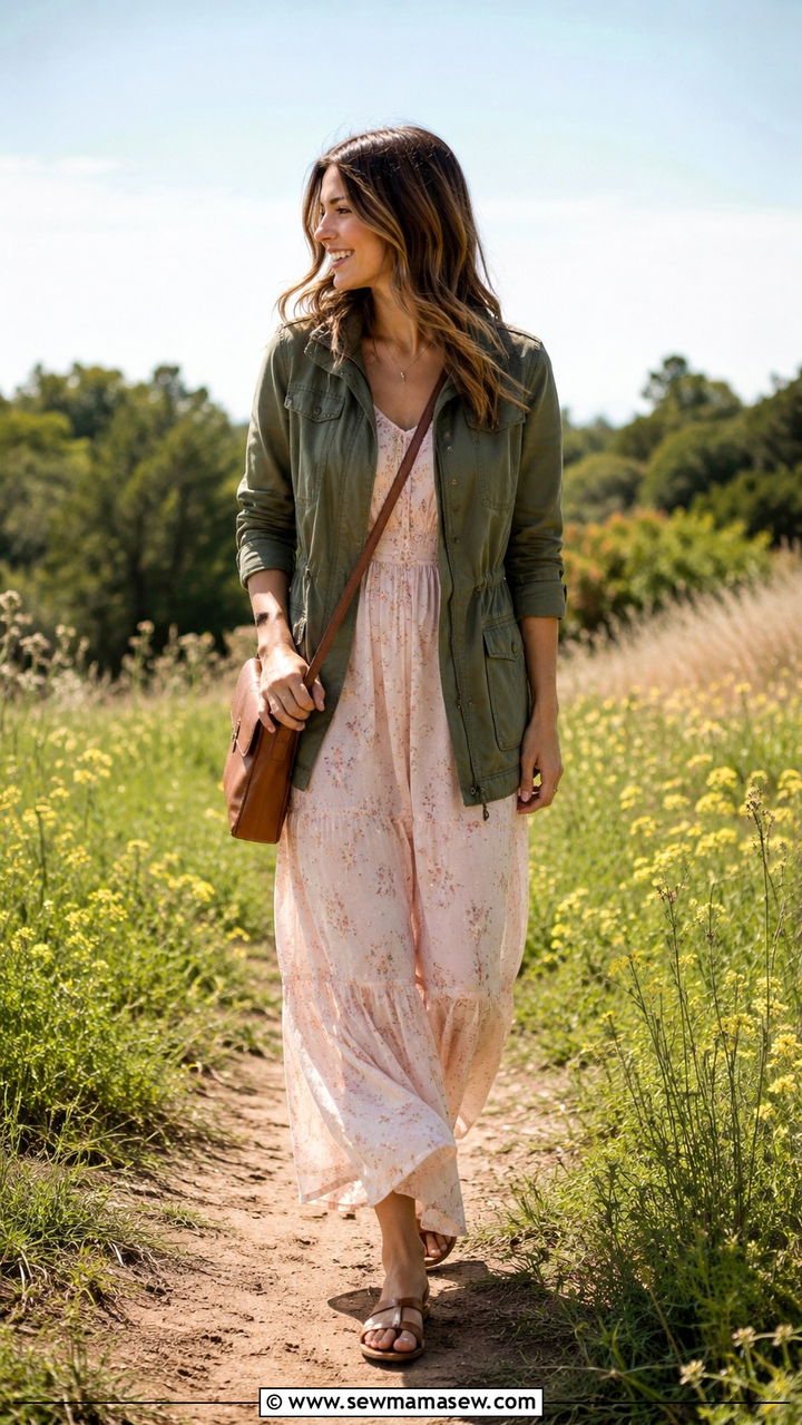 Utility Jacket Over A Flowy Maxi Dress Outfit - 30 Mid spring outfits