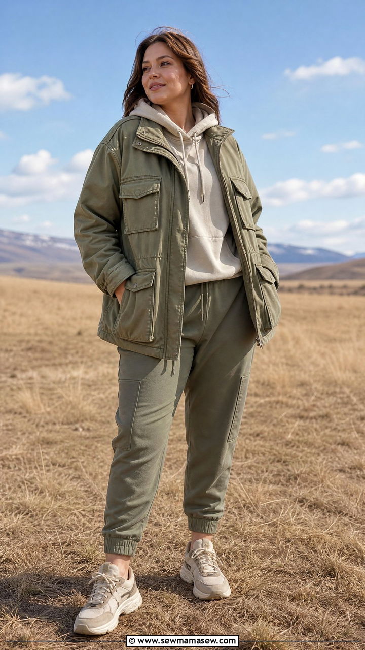 Utility Jacket Over A Hoodie With Joggers And Sneakers - 35 Midsize capsule wardrobe