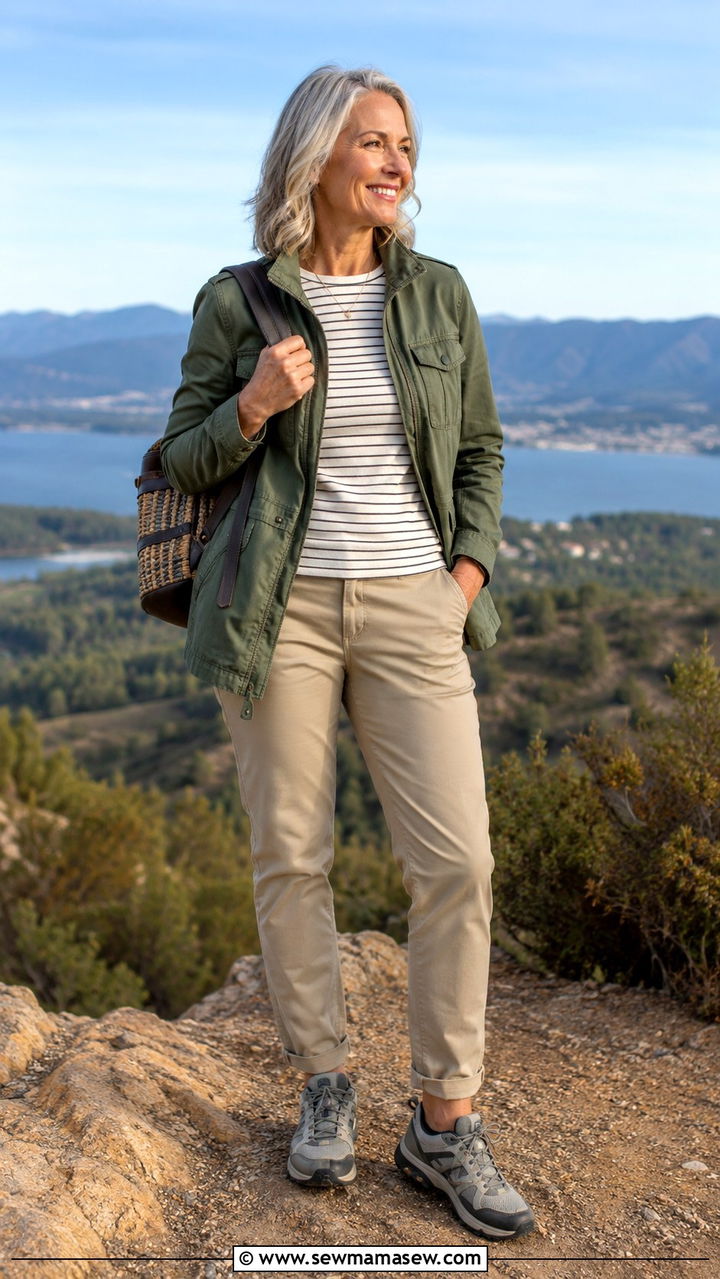 Utility Jacket Over A Striped Tee And Chinos - 30 Picnic outfits for women over 50