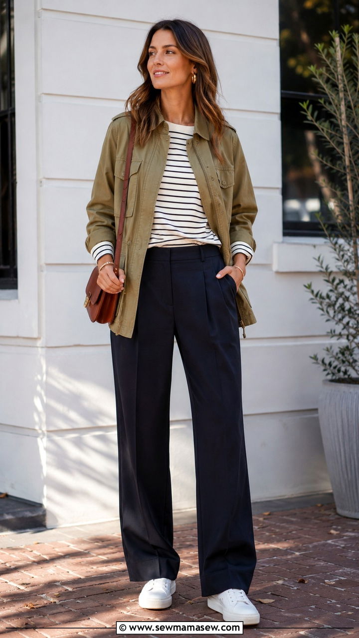 Utility Jacket Over A Striped Tee And Trousers - 30 transitional modest outfit ideas