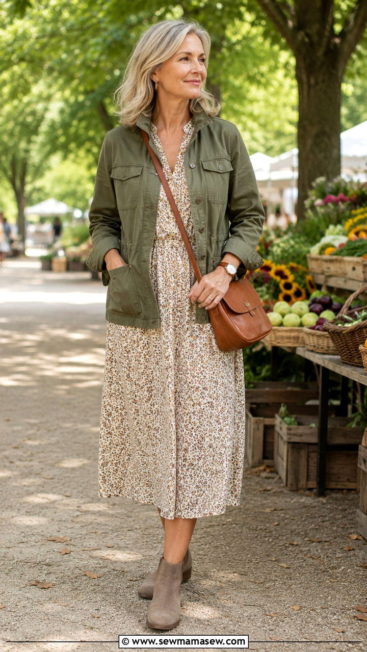 Utility Jacket Over Feminine Dress - 30 Minimalist outfits for women over 50