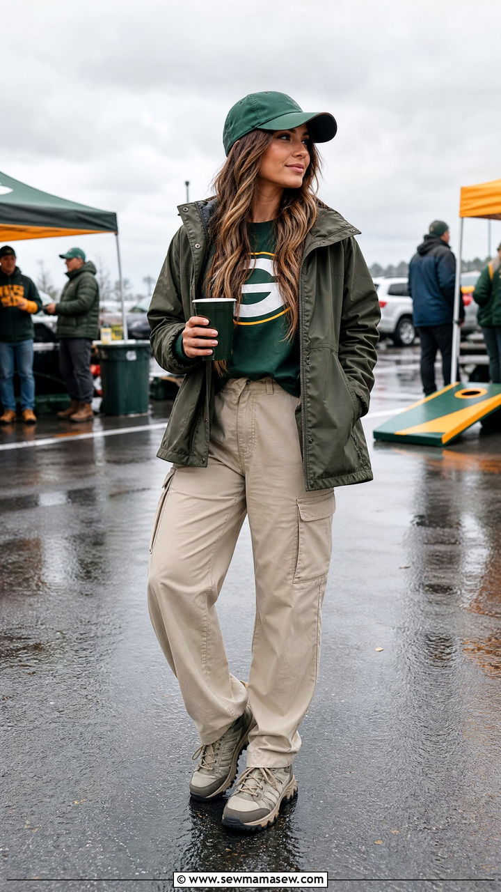 Utility Jacket Over Graphic Team Tee And Cargo Pants - 25 Gameday outfit ideas rainy weather