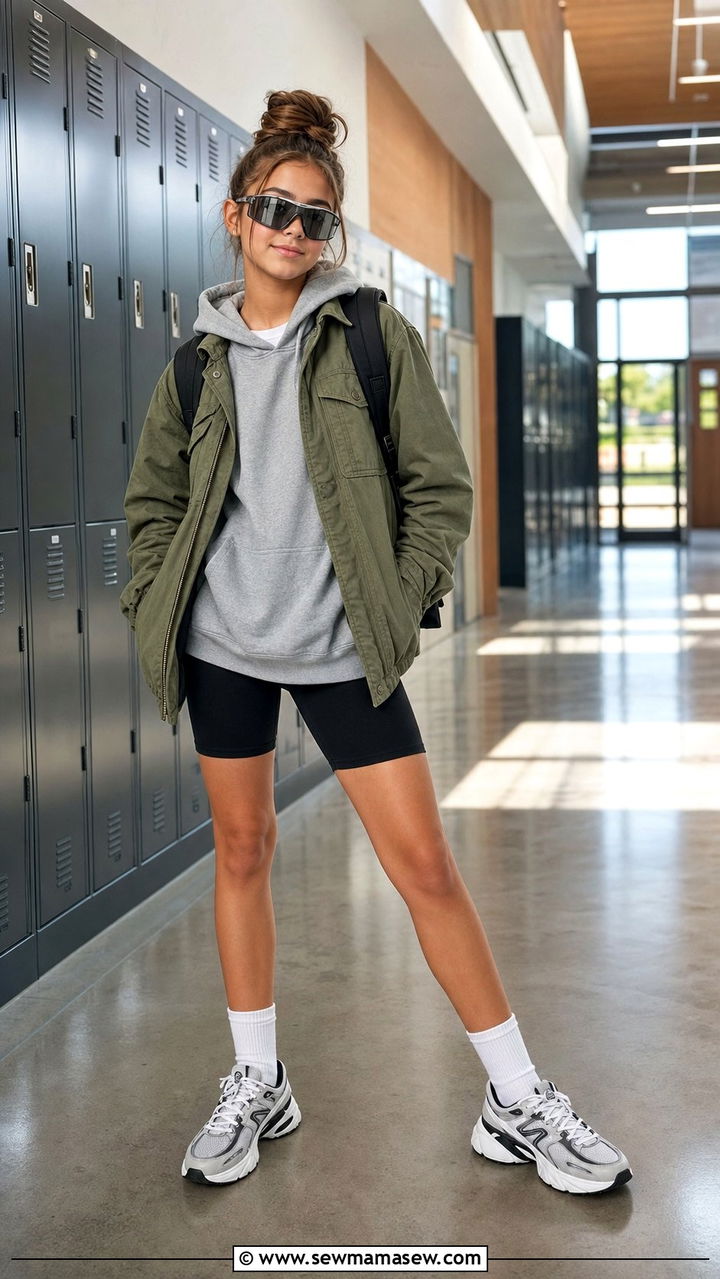 Utility Jacket Over Hoodie With Bike Shorts and Crew Socks - 35 Back to school outfit ideas 8th grade