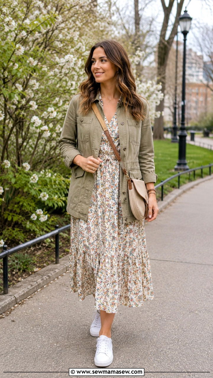 Utility Jacket Over Prairie Midi Dress - 30 spring western outfits