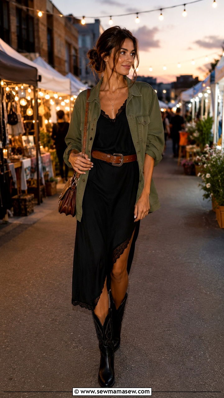 Utility Jacket Over Slip Dress With Western Boots - 30 spring western outfit ideas