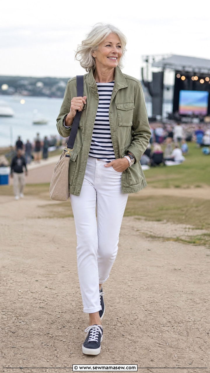 Utility Jacket Over Striped Breton Top and White Jeans - 30 Concert outfits for women over 60