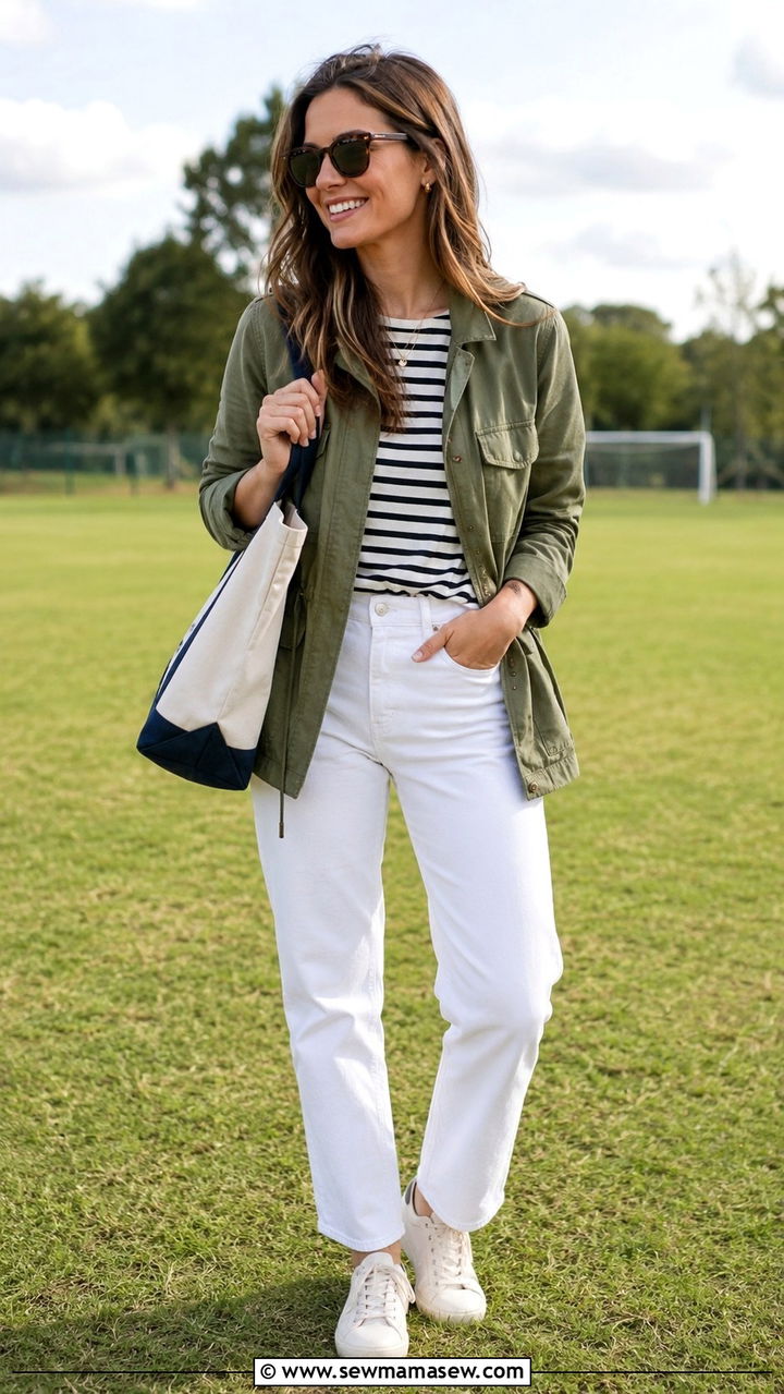 Utility Jacket Over Striped Tee and White Jeans - 30 teacher outfits 2026