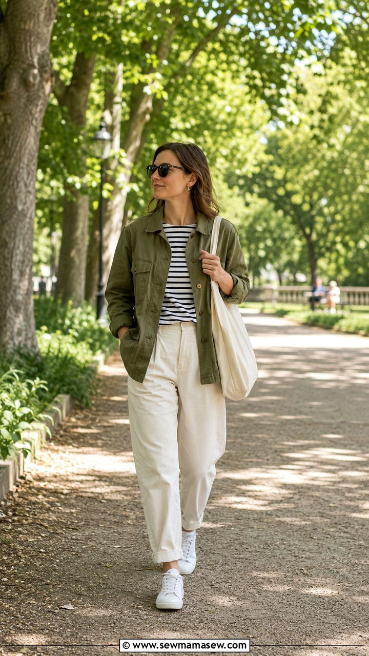 Utility Jacket Over a Striped Shirt and Trousers - 30 transitional casual outfit ideas