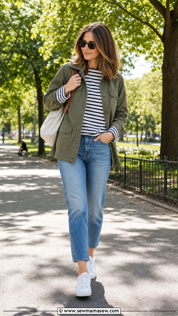 Utility Jacket Straight Leg Jeans Striped Tee Sneakers - 25 Spring go to outfit formulas