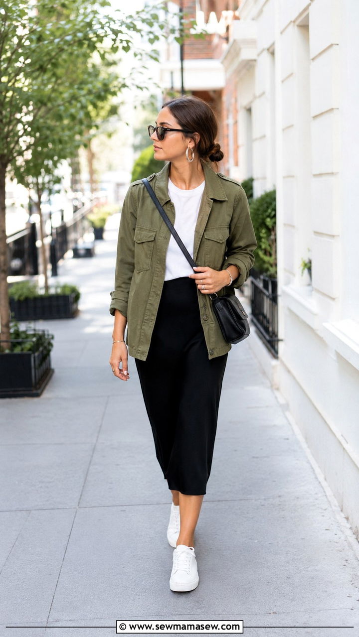 Utility Jacket White Tee Midi Skirt - 30 model off duty capsule wardrobe outfits