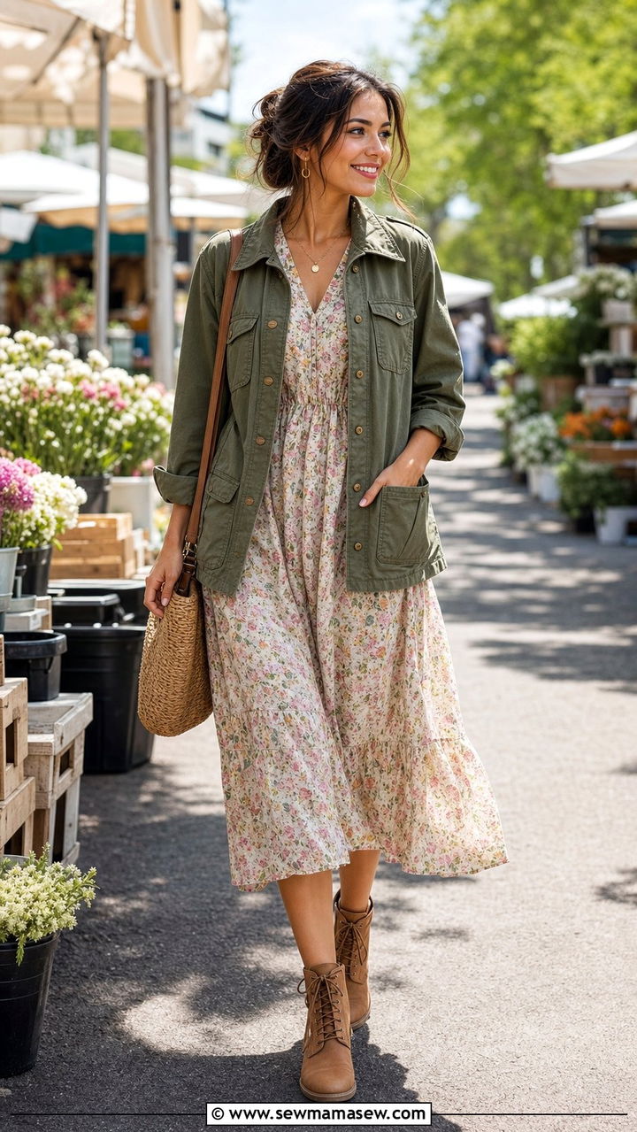 Utility Jacket With A Pastel Floral Midi Dress - 25 Spring outfits for women in their 30s