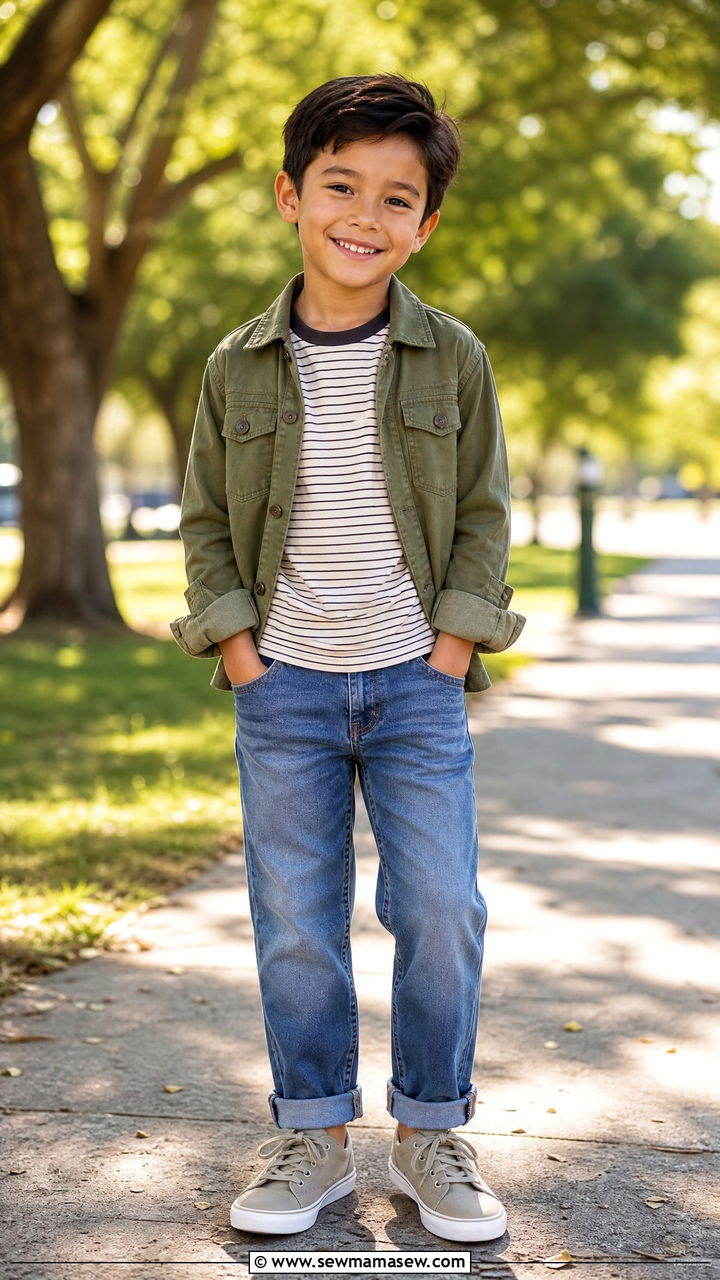 Utility Jacket With A Striped Tee And Cuffed Jeans - 25 Kid outfit ideas for school picture day