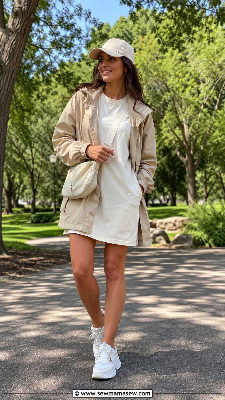 Utility Jacket With A T Shirt Dress And Chunky Sneakers - 30 transitional neutral outfit ideas